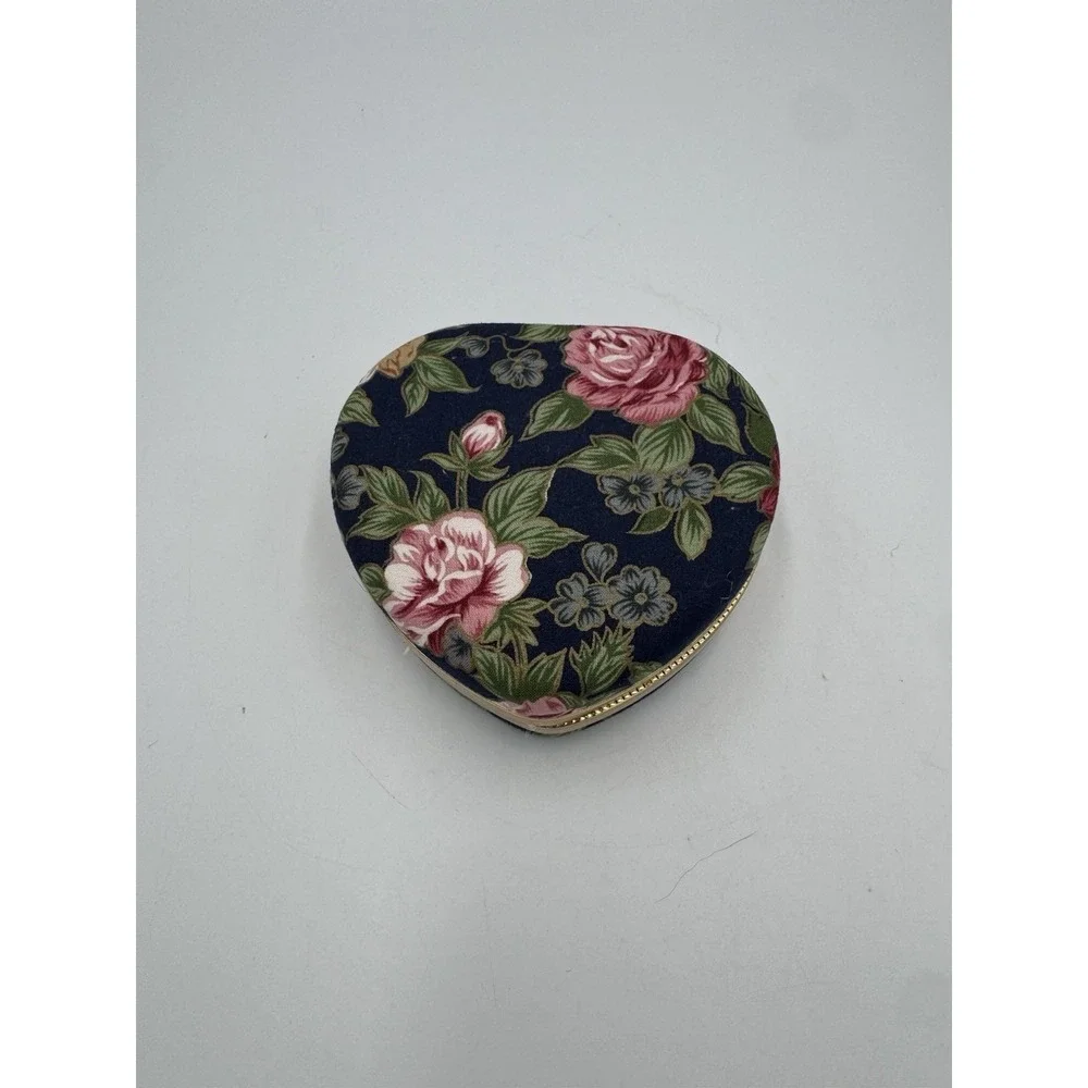 Vintage Navy Floral Heart Cloth Hinged Jewelry Box With Removable Pouch